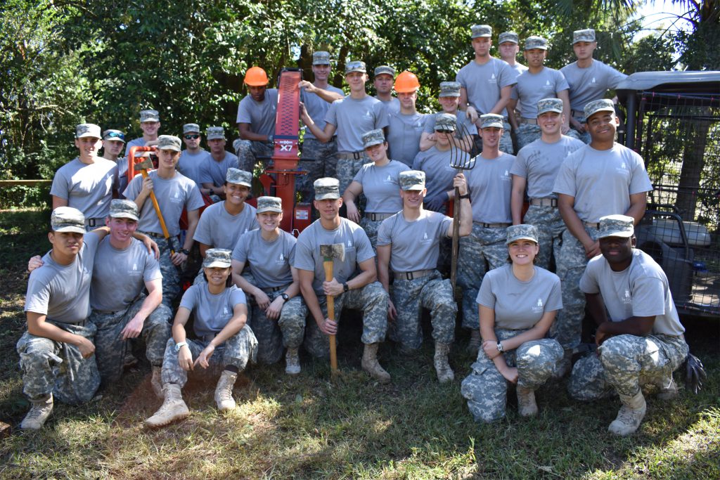 A group of cadets volunteering at Charlestowne Landing during Leadership Day 2019.