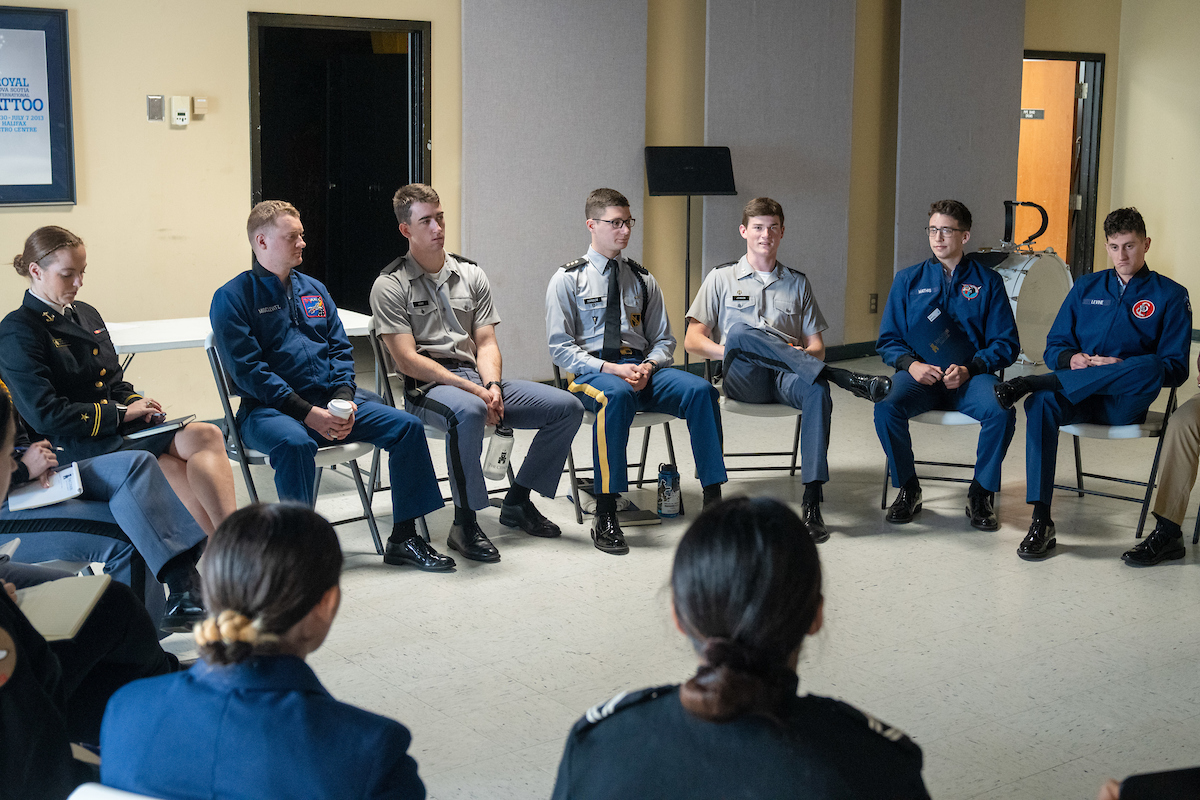 Students from some of the 11 military colleges discuss their schools honor codes during the first Citadel Honor Conference on Thursday February 9, 2023 in Charleston, South Carolina.  In addition to the Citadel, the Air Force Academy, The Coast Guard Academy, The Merchant Marine Academy, Norwich University, The Naval Academy, Texas A&M, University of North Georgia, Virginia Military Institute, Virgina Tech, and West Point participated in the first ever conference of its kind.(Ed Wray/The Citadel)