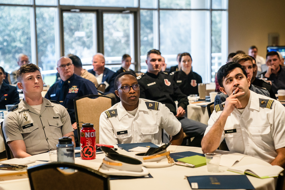 Students from some of the 11 military colleges listen to a speaker during the first Citadel Honor Conference on Thursday February 9, 2023 in Charleston, South Carolina.  In addition to the Citadel, the Air Force Academy, The Coast Guard Academy, The Merchant Marine Academy, Norwich University, The Naval Academy, Texas A&M, University of North Georgia, Virginia Military Institute, Virgina Tech, and West Point participated in the first ever conference of its kind.(Ed Wray/The Citadel)