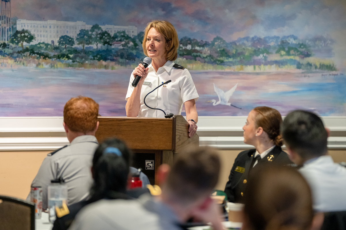 Citadel Provost Sally Selden speaks to cadets and advisors from 11 military colleges during the first Citadel Honor Conference on Thursday February 9, 2023 in Charleston, South Carolina.  In addition to the Citadel, the Air Force Academy, The Coast Guard Academy, The Merchant Marine Academy, Norwich University, The Naval Academy, Texas A&M, University of North Georgia, Virginia Military Institute, Virgina Tech, and West Point participated in the first ever conference of its kind.(Ed Wray/The Citadel)